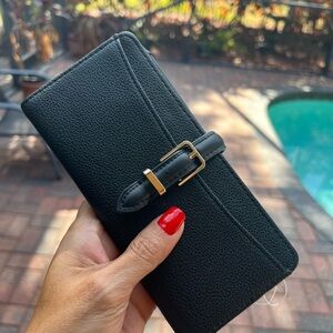 NWT Anne Klein Black Leather Wallet 2 Piece with Gold Buckle & accents